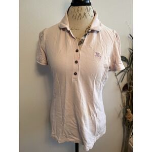 Burberry London Polo Shirt XL Nova Check Neck Collared Women's Pale Pink SS Logo